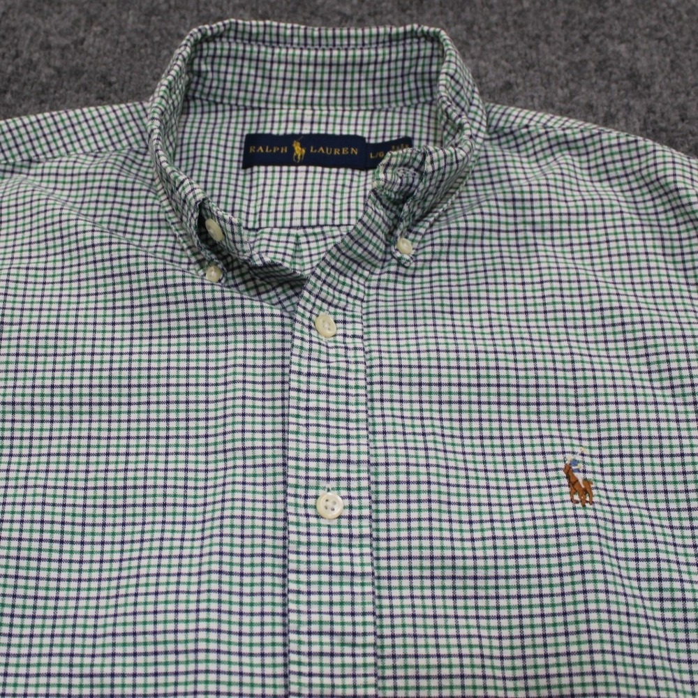 Ralph Lauren Mens Green Navy Blue Micro Check Button‎ Down Shirt Large L/G